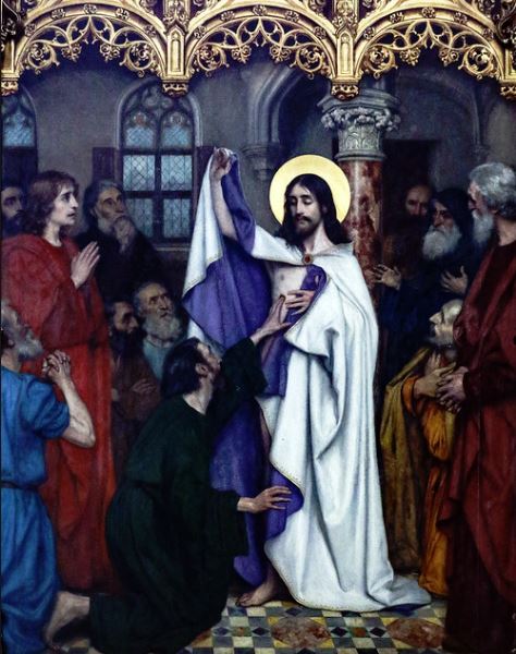 st thomas apostle kneeling before christ glass