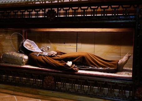 The wax image of St. Veronica that encloses her skull and bones; enshrined and venerated in the Capuchin Monastery of Citta-di-Castello, Italy.