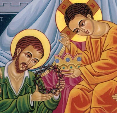 St Benedict Joseph Labre detail Icon and Jesus Crowns