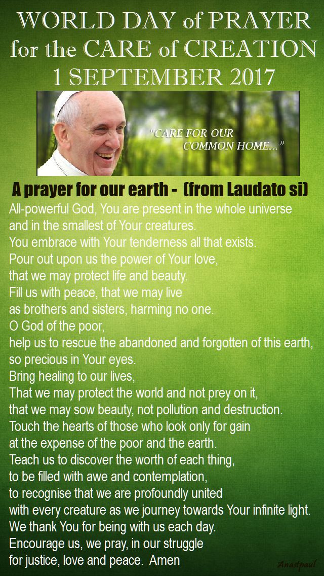 WORLD DAY OF PRAYER FOR THE CARE OF CREATION 1 SEPT 2017