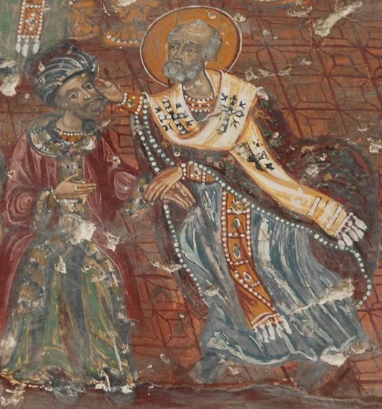 St Nicholas of Myra slapping Arius at the Council of Nicaea.