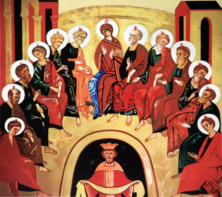 Scene from Pentecost depicted in artwork at Our Lady of Divine Providence Church in Providenciales, Turks and Caicos Islands