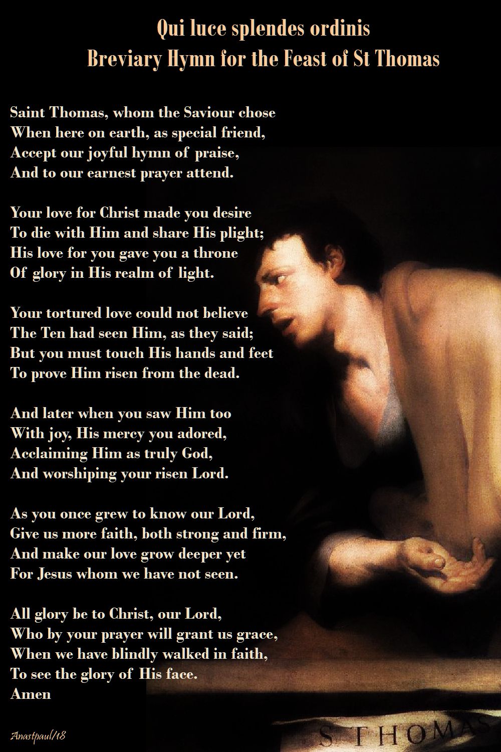 st thomas whom the saviour chose - breviary hymn for the feast of st thomas - 3 july 2018