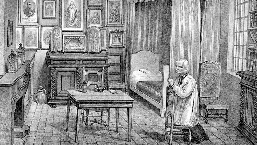 Saint Jean Baptiste Vianney (1786-1859) priest in Ars (France) during meditation, engraving