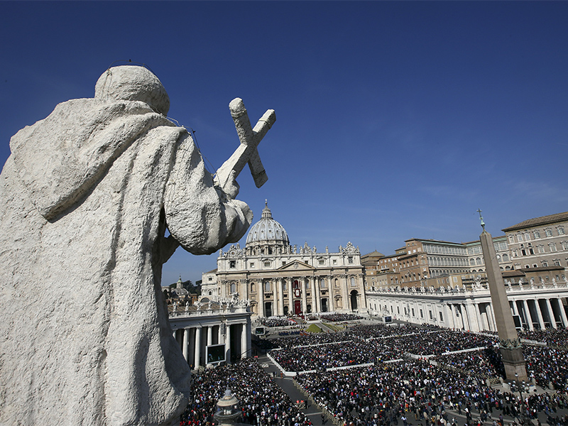 A general view is seen of Pope Francis leading the Easter mass in St. Peter's square at the Vatican