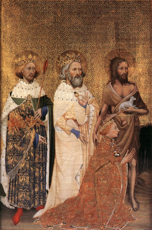 The left panel of the Wilton Diptych, where Edward (centre), with Edmund the Martyr (left) and John the Baptist